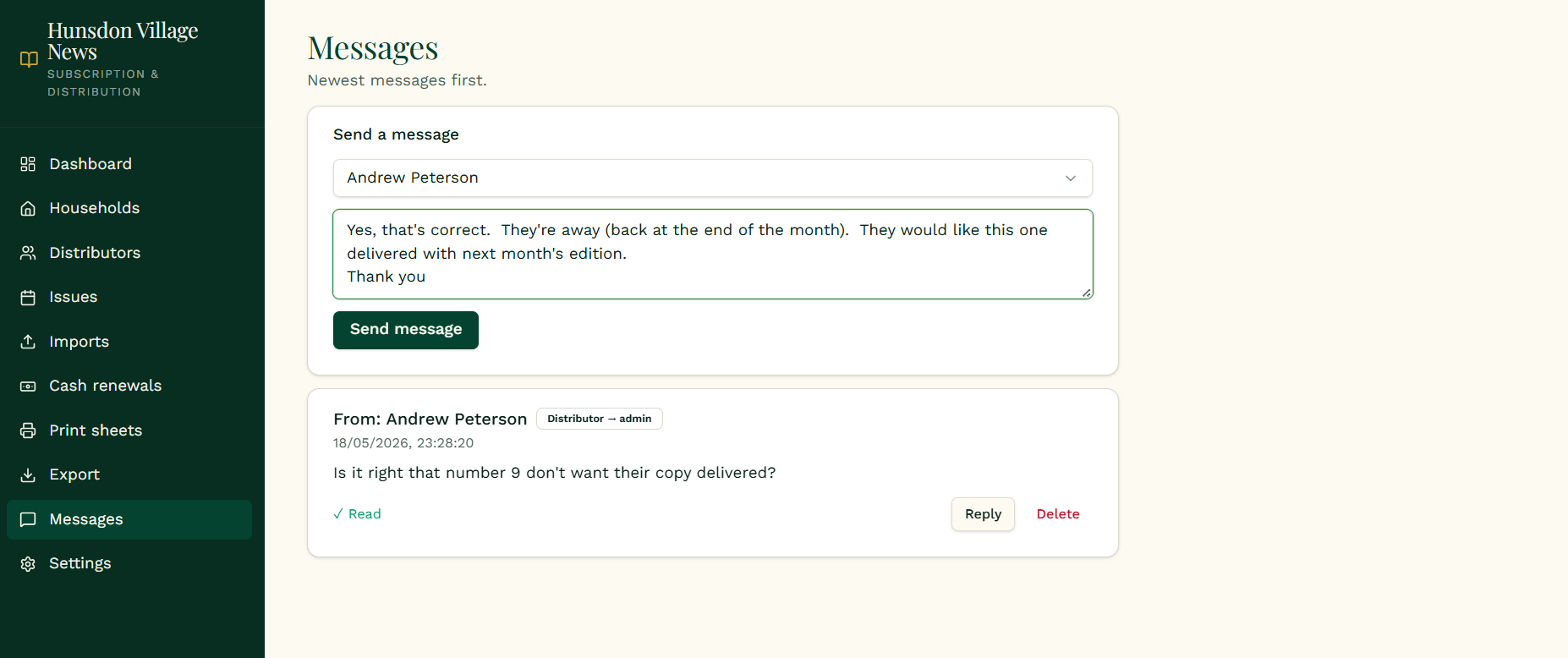 Messages between administrator and distributors