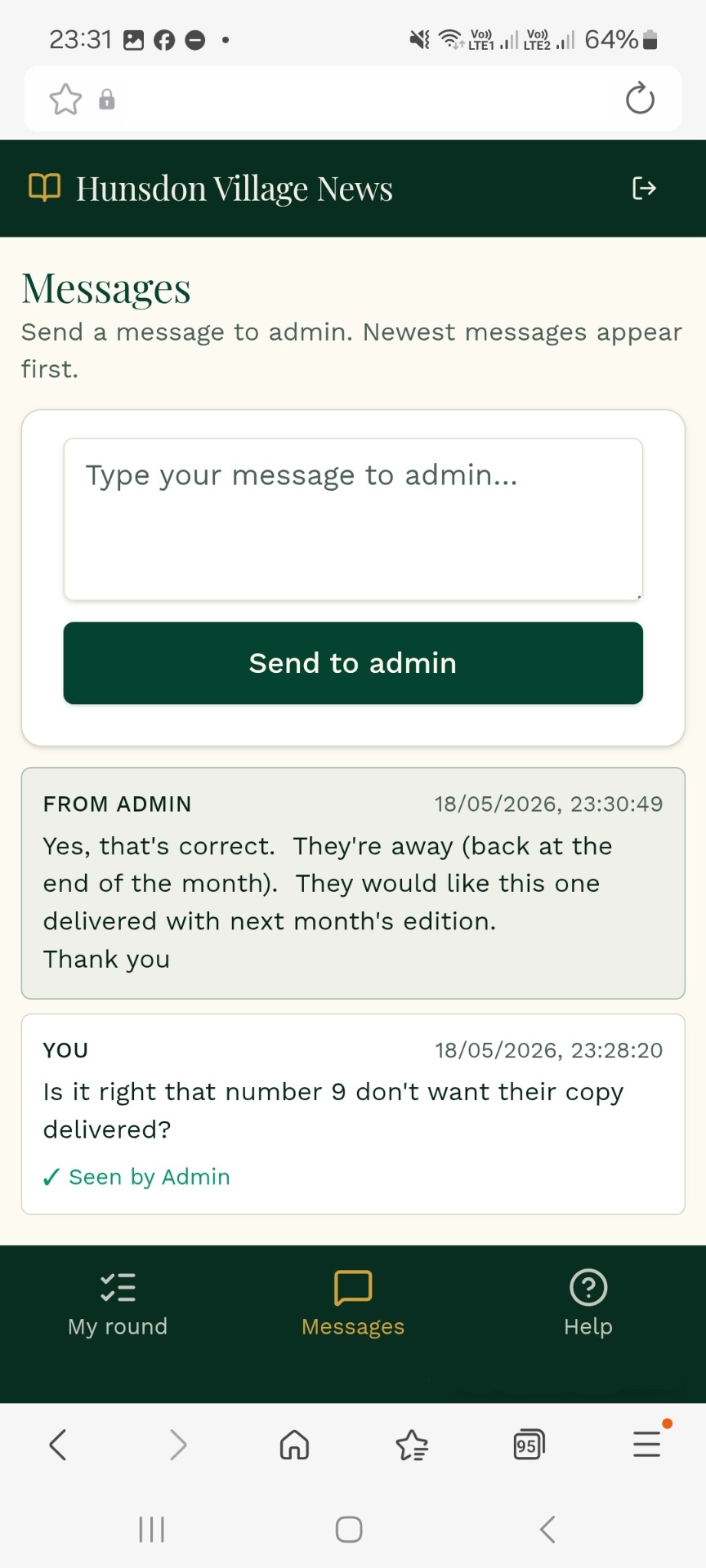 Messages to admin